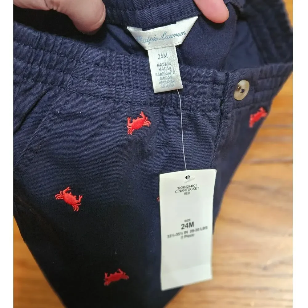 Ralph Lauren Navy Crab Embroidered Cotton Shorts NWT 24M